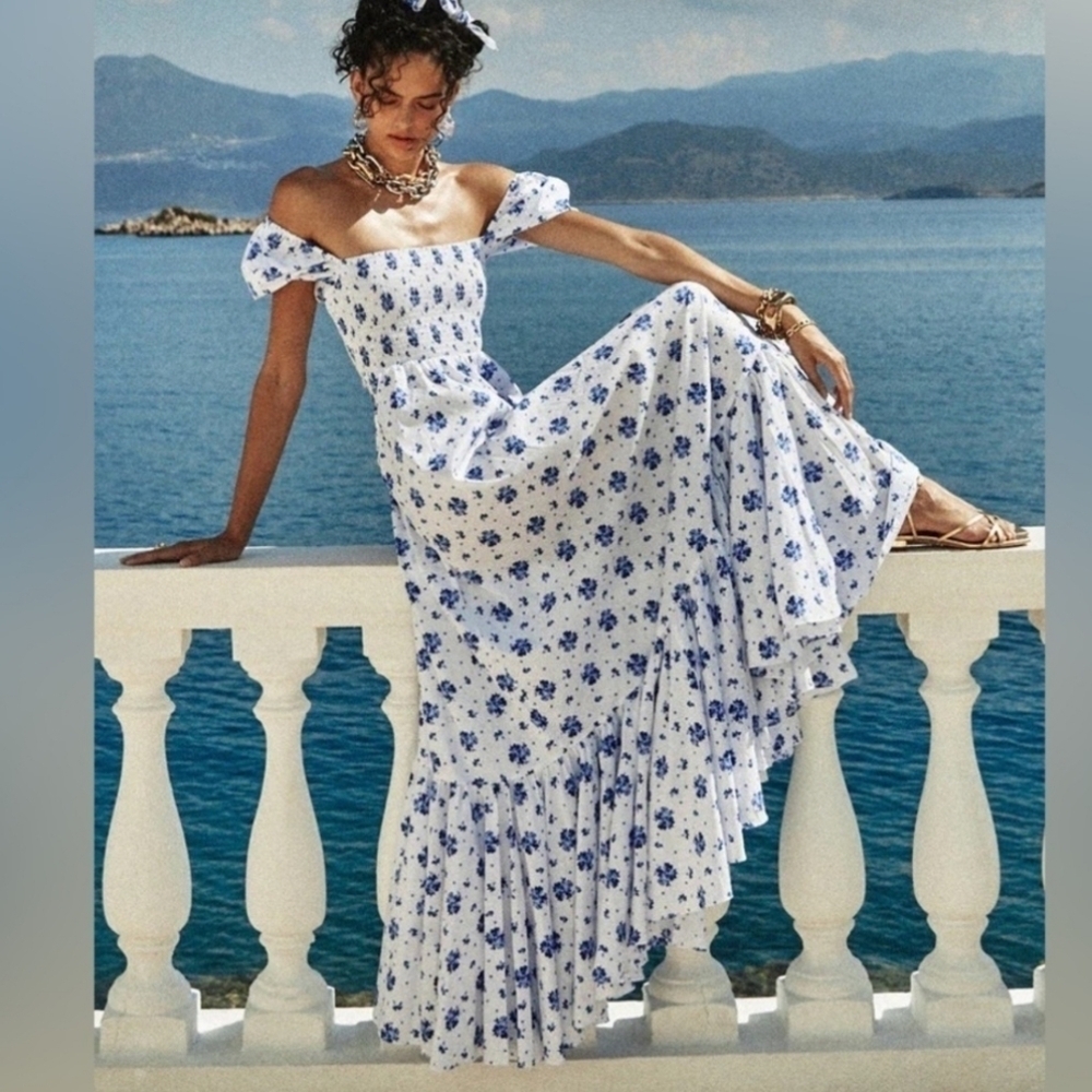 Caroline Constas Gianna Smocked Puff Sleeve Maxi Dress Blue Spot Floral Size XL - Picture 1 of 14